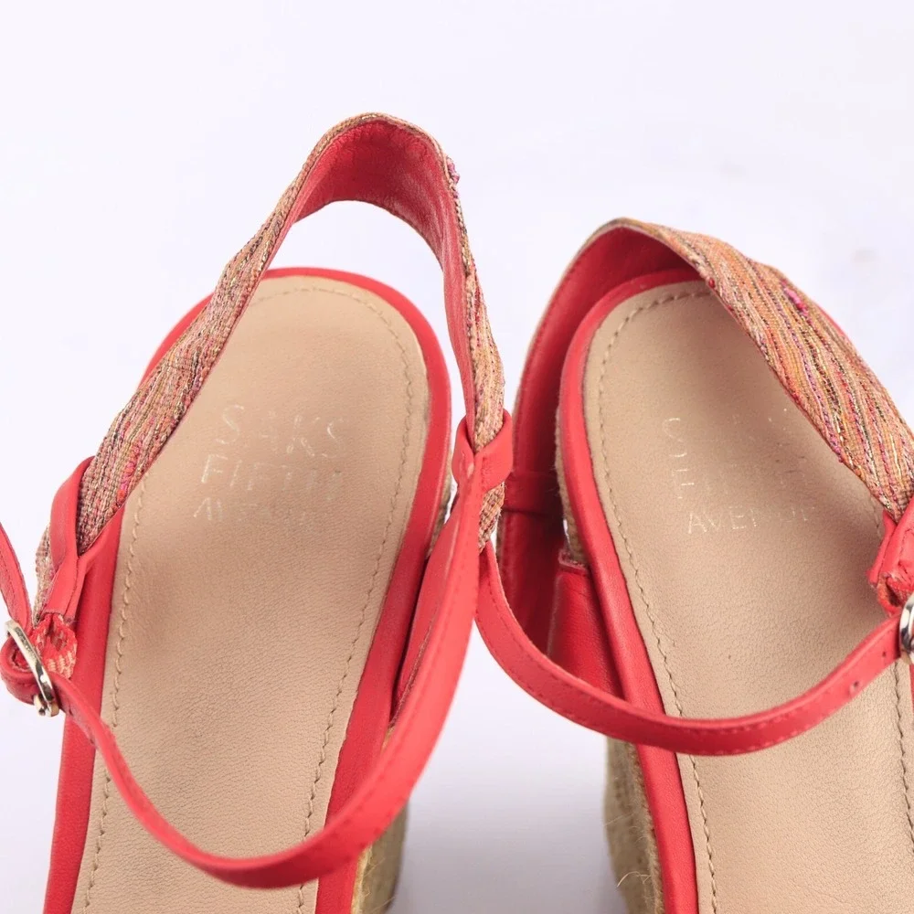 Saks Fifth Avenue Women Lillian Sandal Size 8 Red Espadrille Wedge Platform Shoe